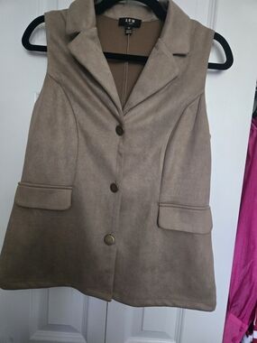 Sleeveless Suede-Effect Taupe Vest Jacket